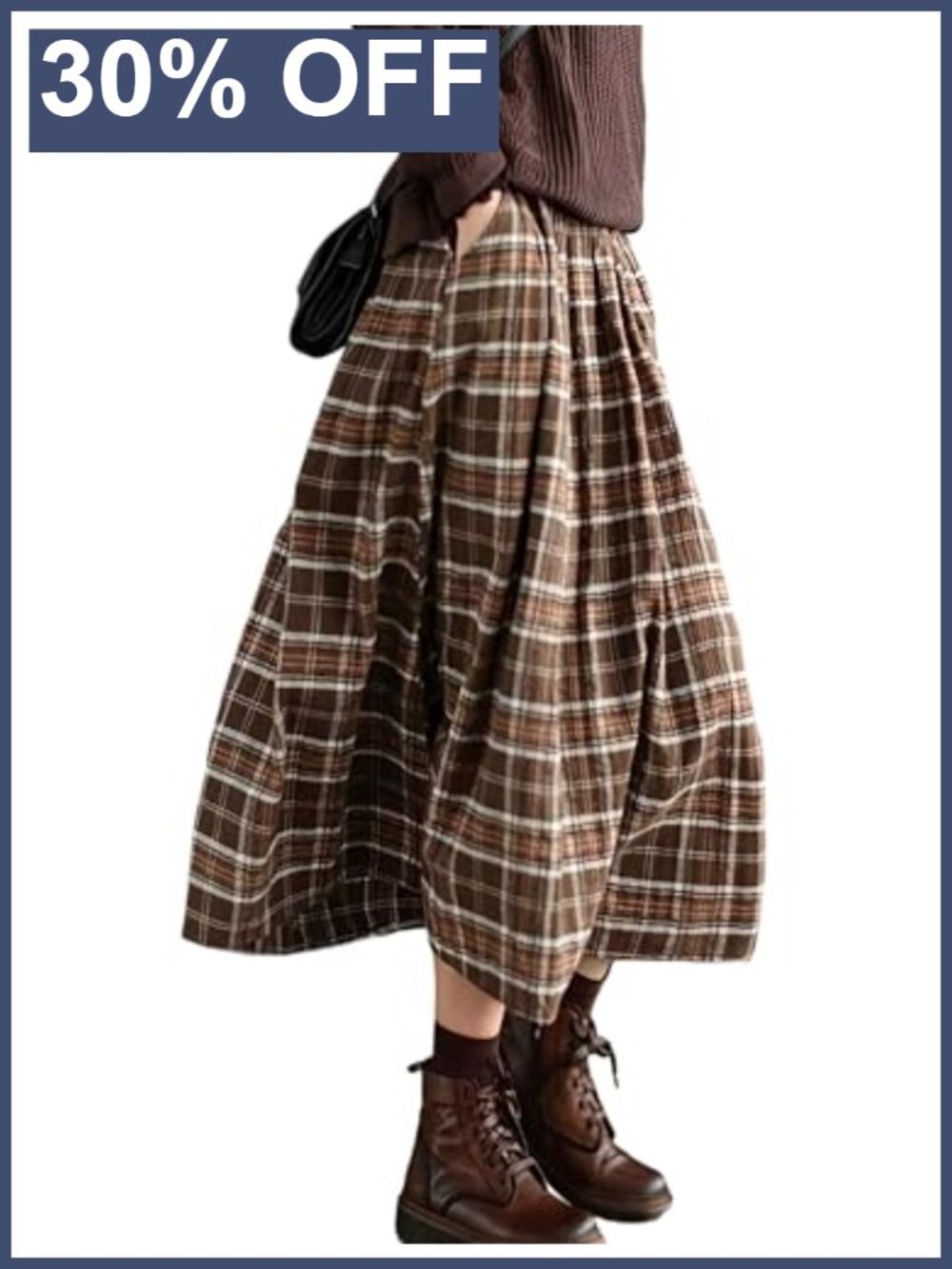 Plaid Midi Skirt Elastic Waist A-Line Pleated